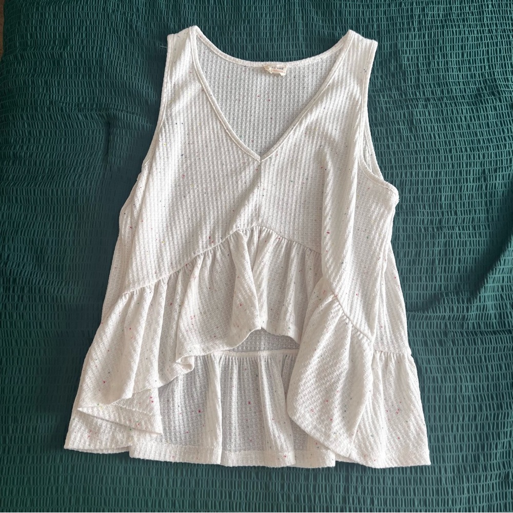 White Confetti Ruffle/Peplum High-low Tank